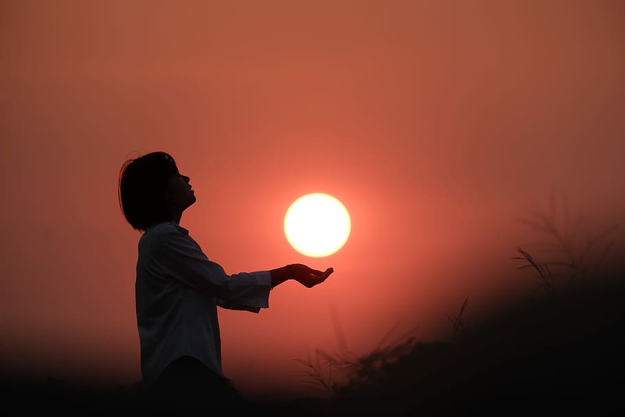 woman wearing white top, Sun, Sunrise, Landscape, sky, summer HD wallpaper