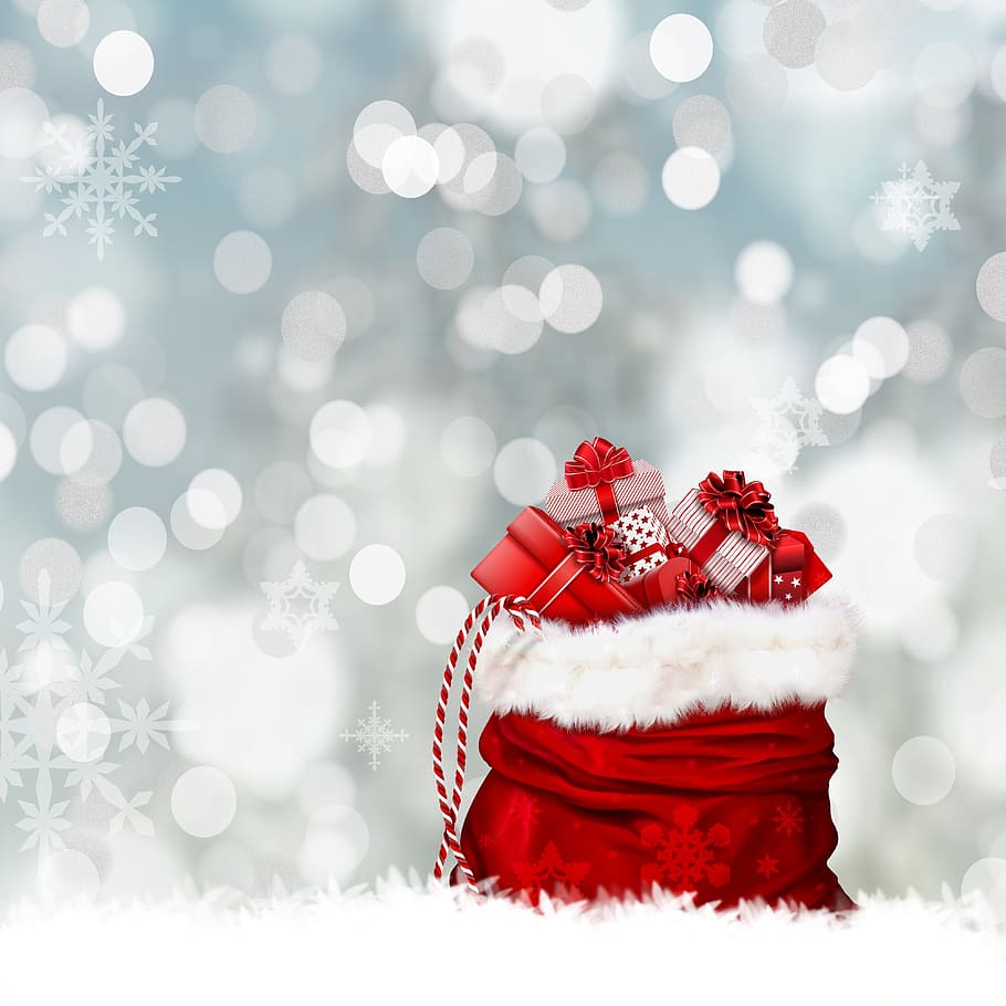 red gift box lot in sack, christmas, gifts, gift bag, surprise, HD wallpaper