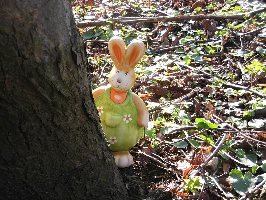 hare, easter, tree, figure, log, tree trunk, no people, nature HD wallpaper