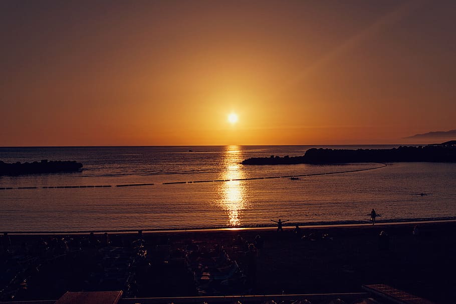 backlit, beach, calm, dawn, dusk, evening, horizon, island HD wallpaper