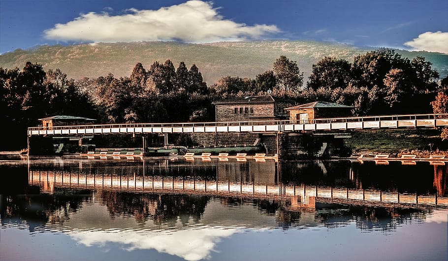 Landscape, Bridge, Weir, River, Summer, water, architecture HD wallpaper