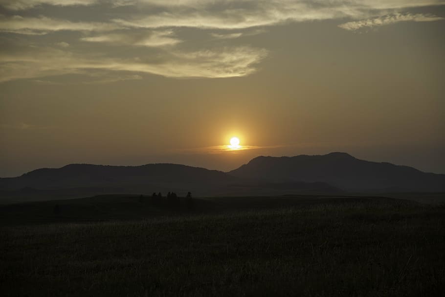 yellow sunrise above mountain, sunset, field, landscape, sky HD wallpaper