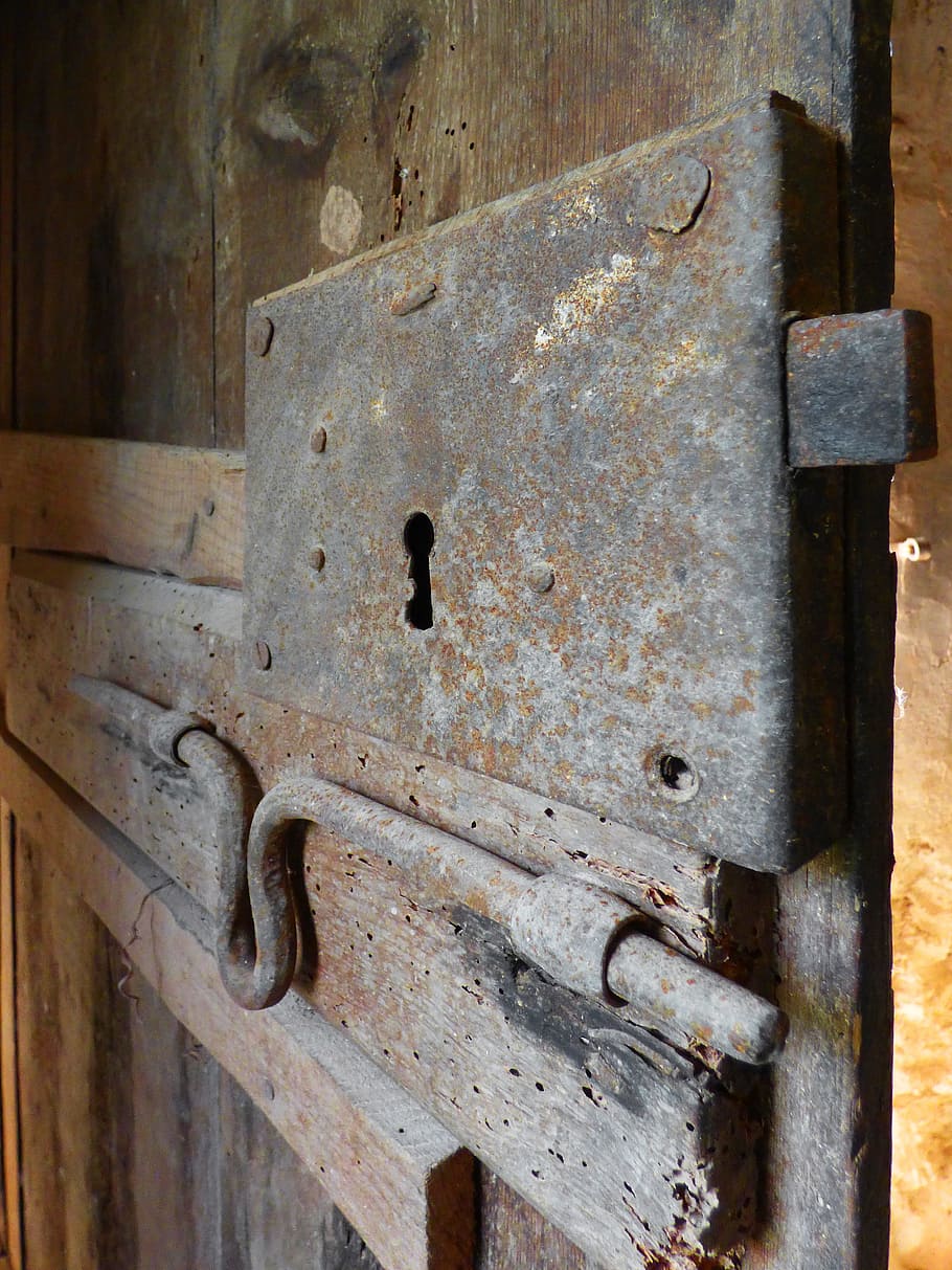 Lock, Bolt, Old, Vintage, Iron, Door, close, wood, rusty, hinge HD wallpaper