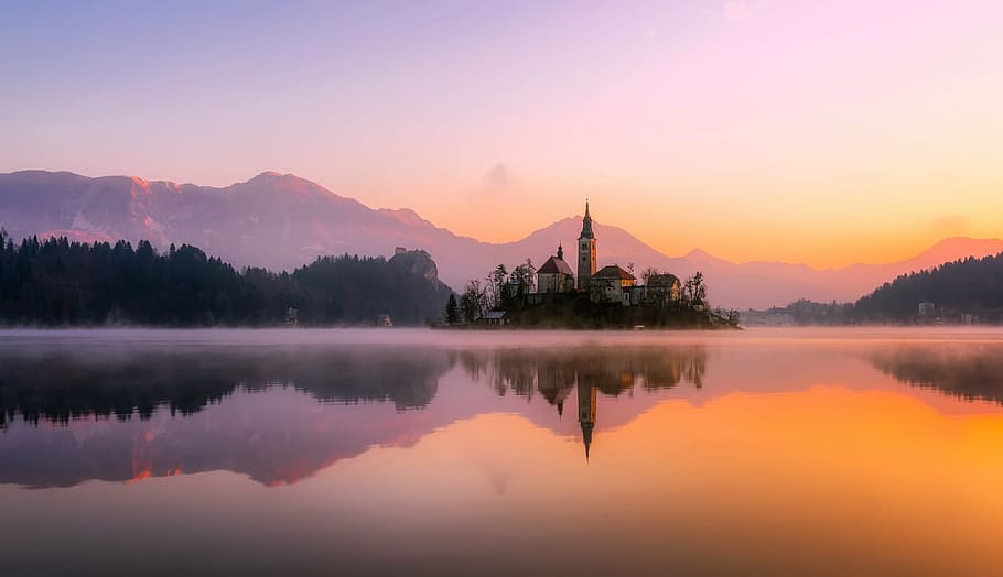 castle on water painting, panorama, sunrise, dawn, bled, slovenia HD wallpaper