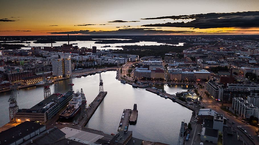 aerial photo of buildings during sunset, helsinki, jätkäsaari