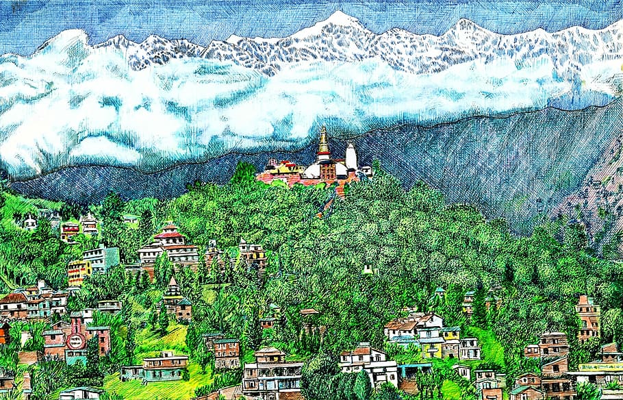 Artist Drawing of the Peaks of Katmandu Peaks, clouds, landscape HD wallpaper