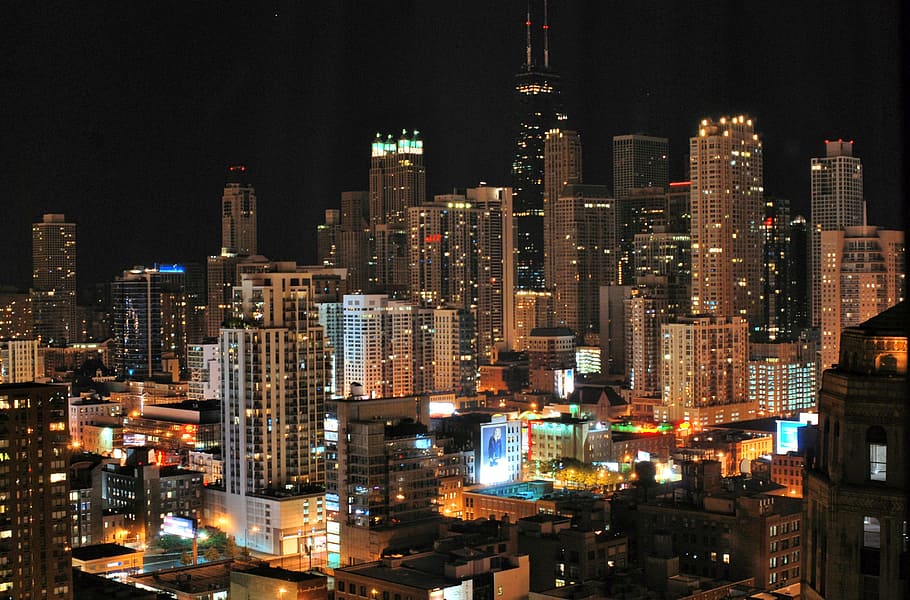 aerial photo of a city, skyscraper, night, urban, cityscape HD wallpaper