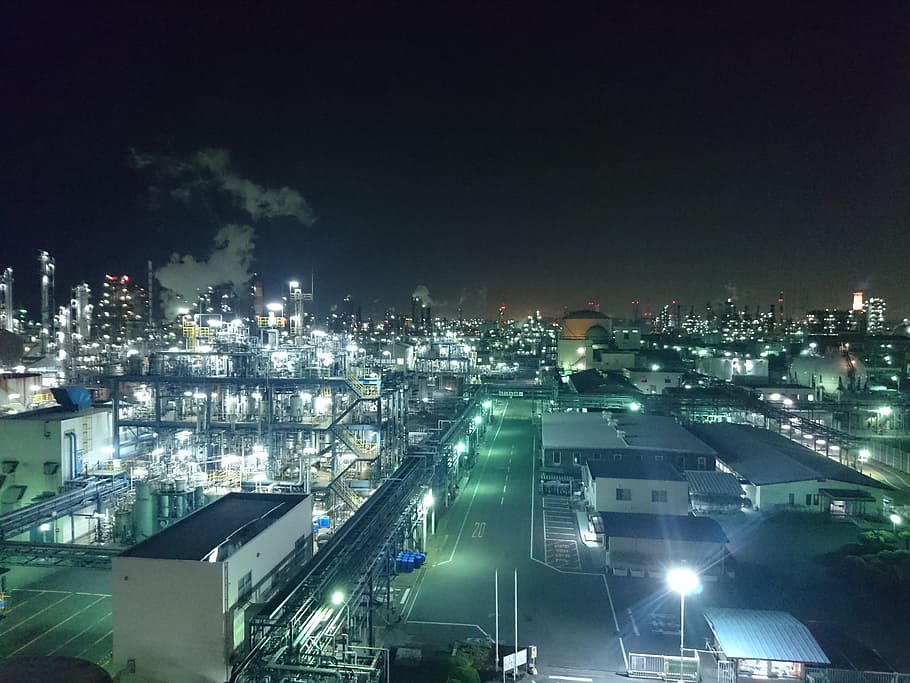 Factory, Night View, Light Pollution, illuminated, city, city life HD wallpaper