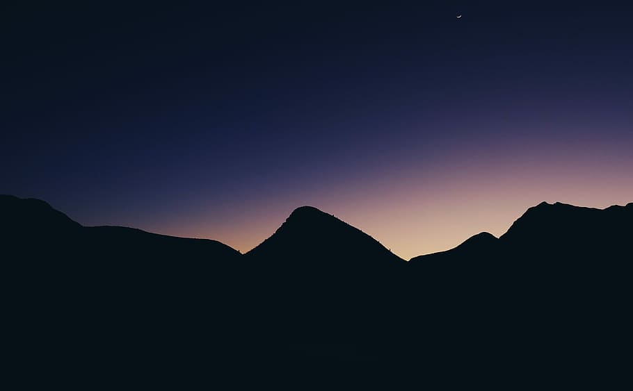 silhouette of mountain hill, untitled, sunrise, moon, peak, sky HD wallpaper