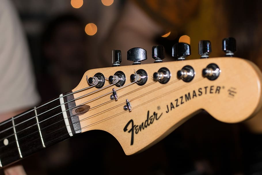 photo of brown Fender Jazzmaster guitar headstock, Fender Jazzmaster logo, HD wallpaper