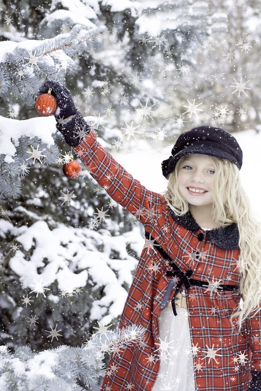 girl in orange and black plaid button-up coat, holiday fun HD wallpaper