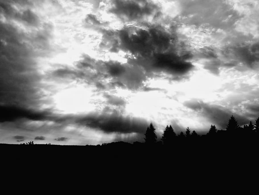 Landscape, Clouds, Light, Monochrome, horizon, silhouette, sunlight HD wallpaper