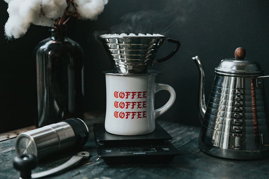 coffee mug and teapot, stainless steel cup on top of white mug HD wallpaper