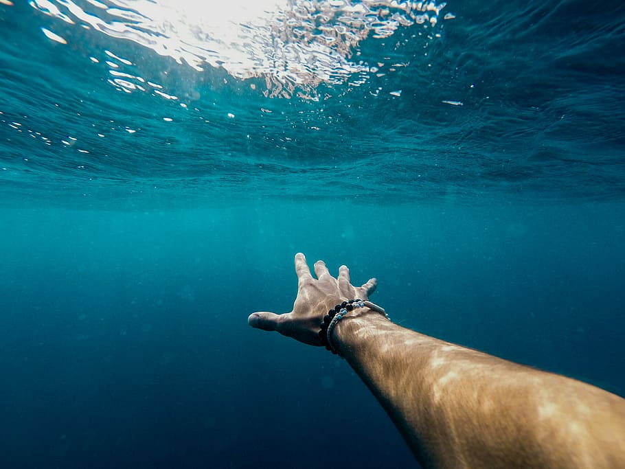 person's right hand underwater, underwater photography of person's hand HD wallpaper