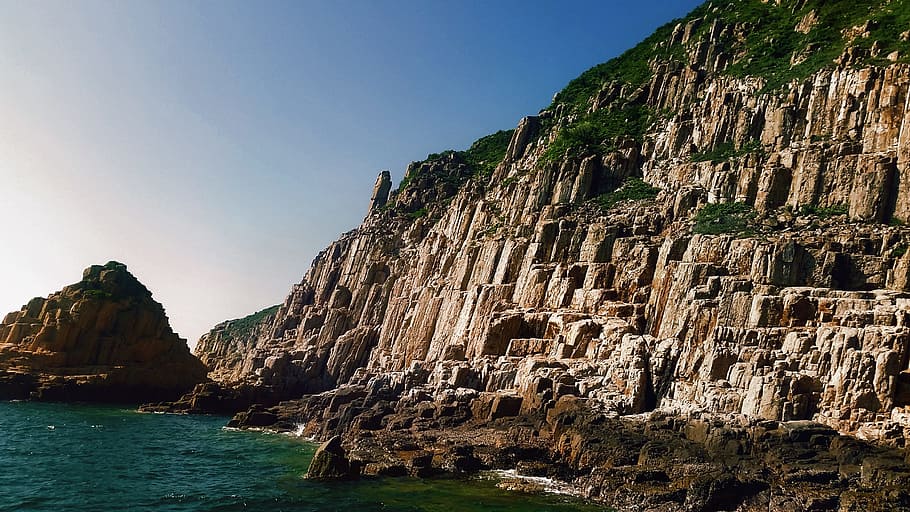 sea, ocean, water, waves, nature, coast, hill, rock, mountain HD wallpaper