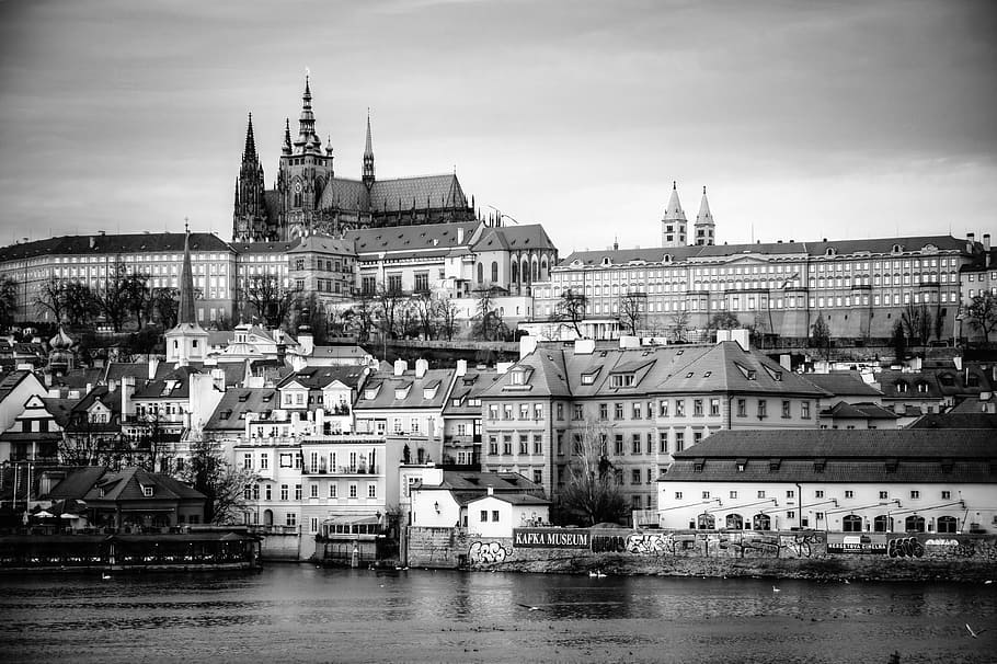Prague, Castle, Vltava, black And White, architecture, famous Place, HD wallpaper