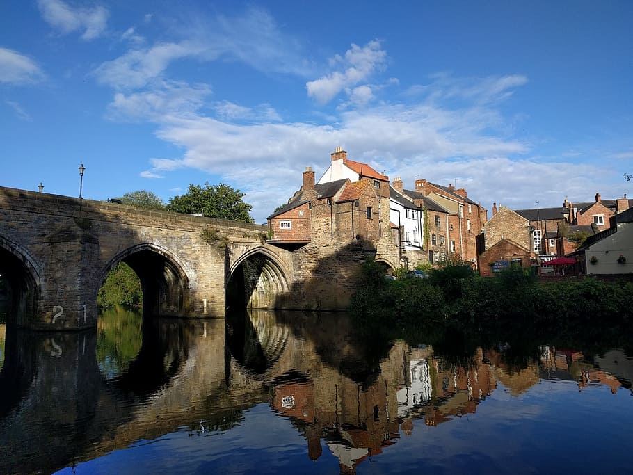 reflection, bridge, river, blue sky, peaceful, durham, water HD wallpaper