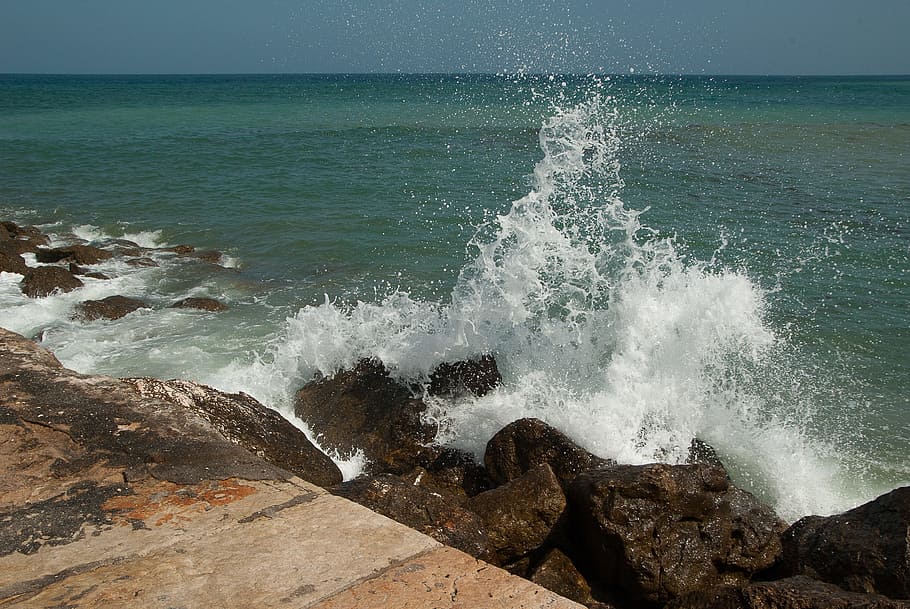 Rocks, Waves, Scum, Atlantic, Seascape, horizon over water HD wallpaper