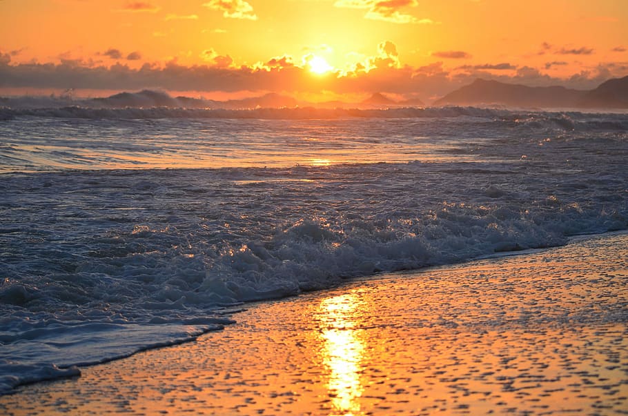 photo of seashore during golden hour, Sunset, Rio De Janeiro HD wallpaper