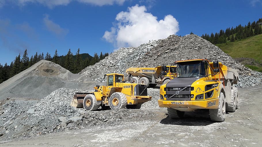 three heavy equipment vehicles on quarry, site, truck, dump truck, HD wallpaper