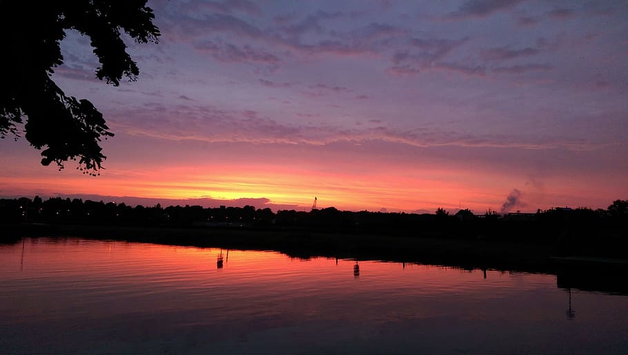 sunset, sky, afterglow, nature, reflection, dusk, water, lake HD wallpaper