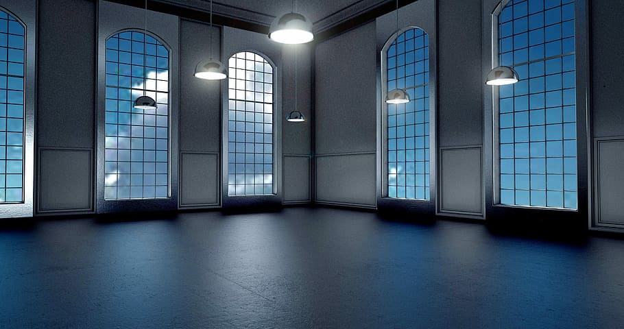white pendant lamp inside a room, space, window, light, blue