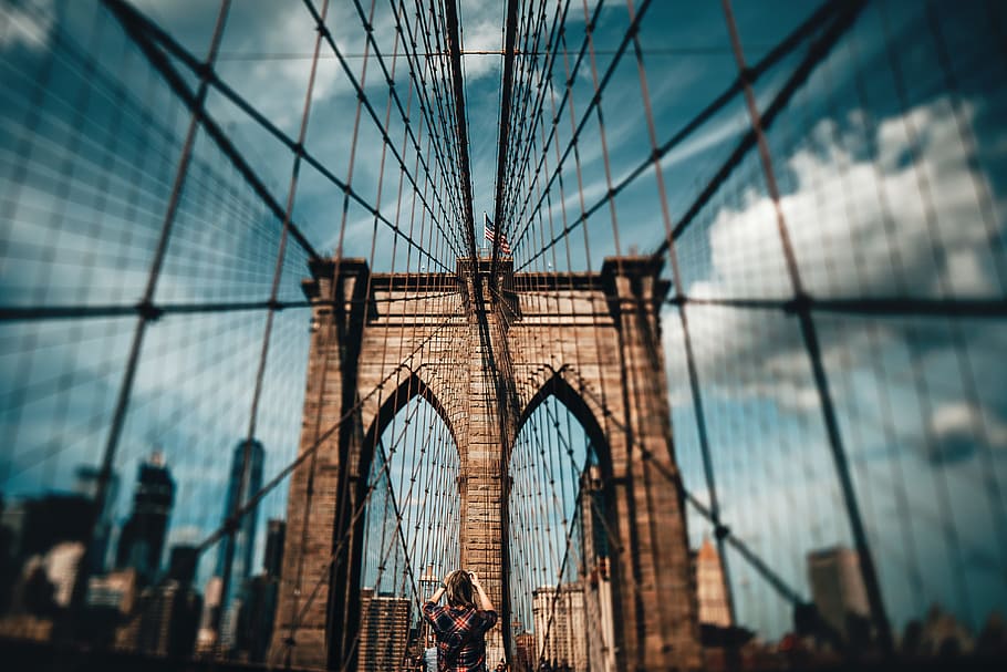 Blur Photo of Brooklyn Bridge at Daytime, American flag, architecture HD wallpaper