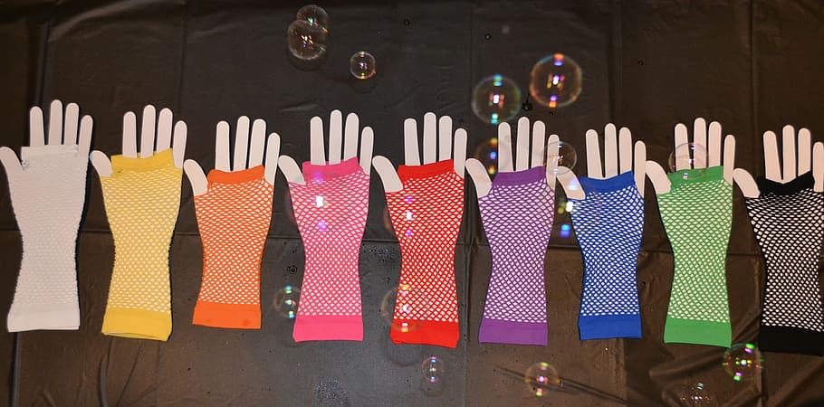 gloves, bubbles, colored gloves, hand, choice, multi colored HD wallpaper