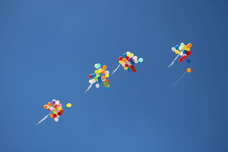 balloons flying in the sky, assorted-color balloon on sky, float HD wallpaper
