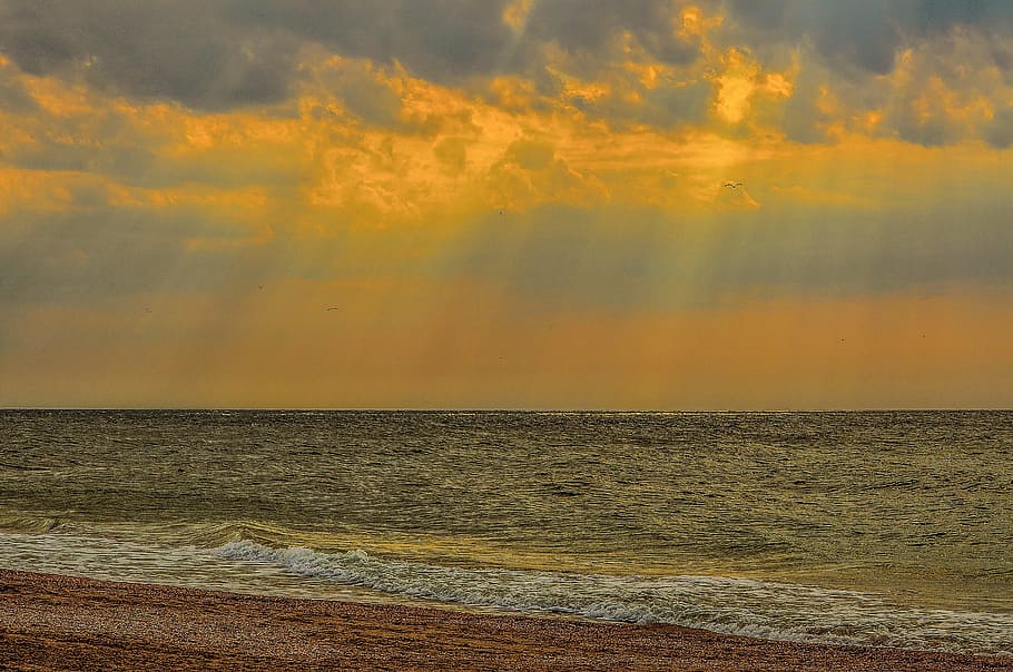 sea, clouds, horizon, wave, sky, sunset, horizon over water HD wallpaper