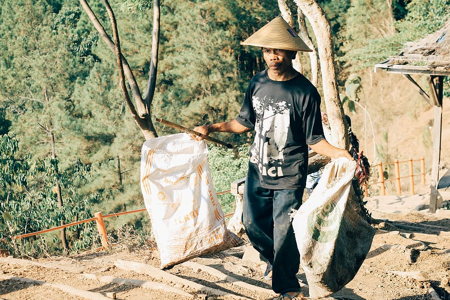 A Walk Alone, man carrying two straw sacks, person, walking, work