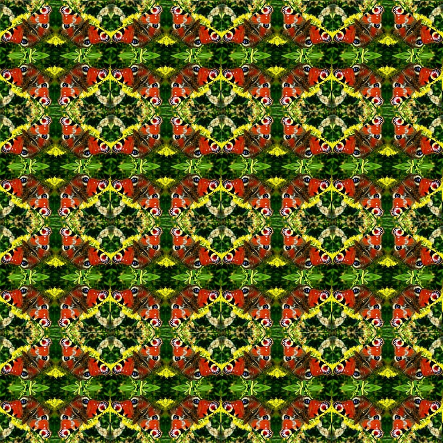 pattern, red, green, yellow, black, peacock butterfly, geometric HD wallpaper