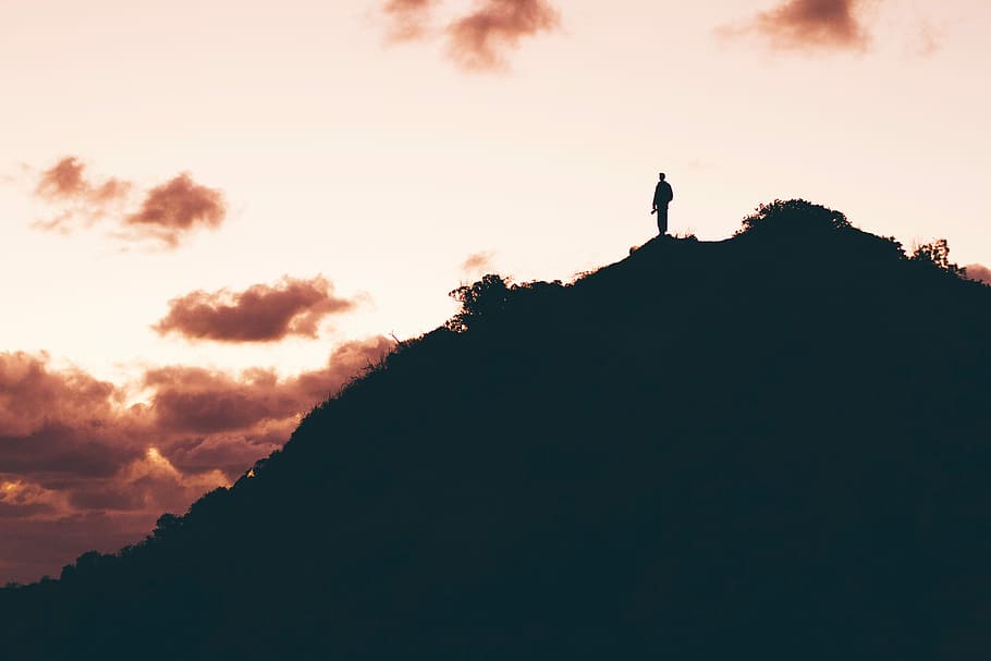silhouette photography of person on top of mountain, nature, sky HD wallpaper