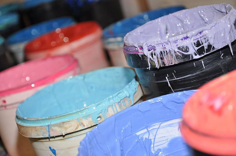several containers, paint, ink, pantone, close-up, indoors HD wallpaper