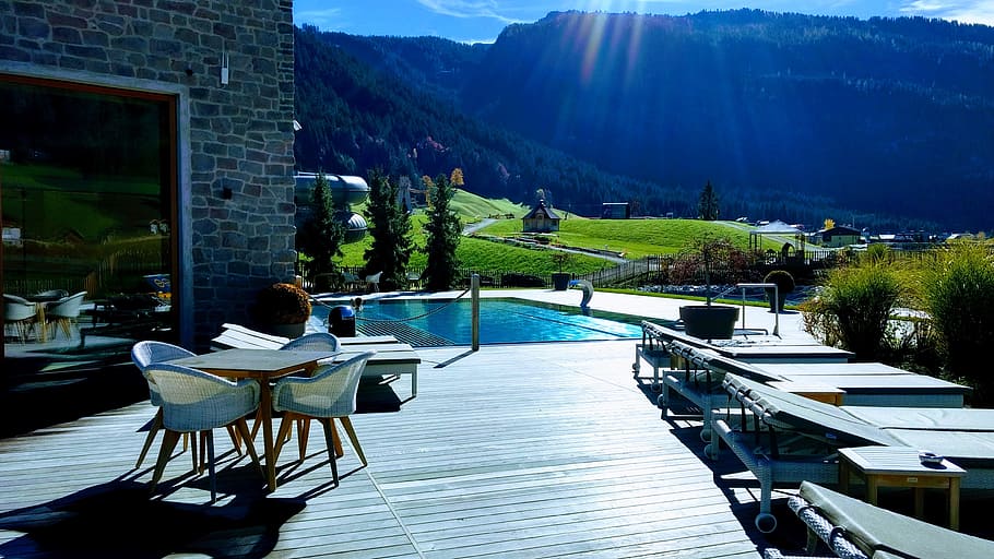 holiday, pool, mountains, hotel, austria, seat, chair, table HD wallpaper