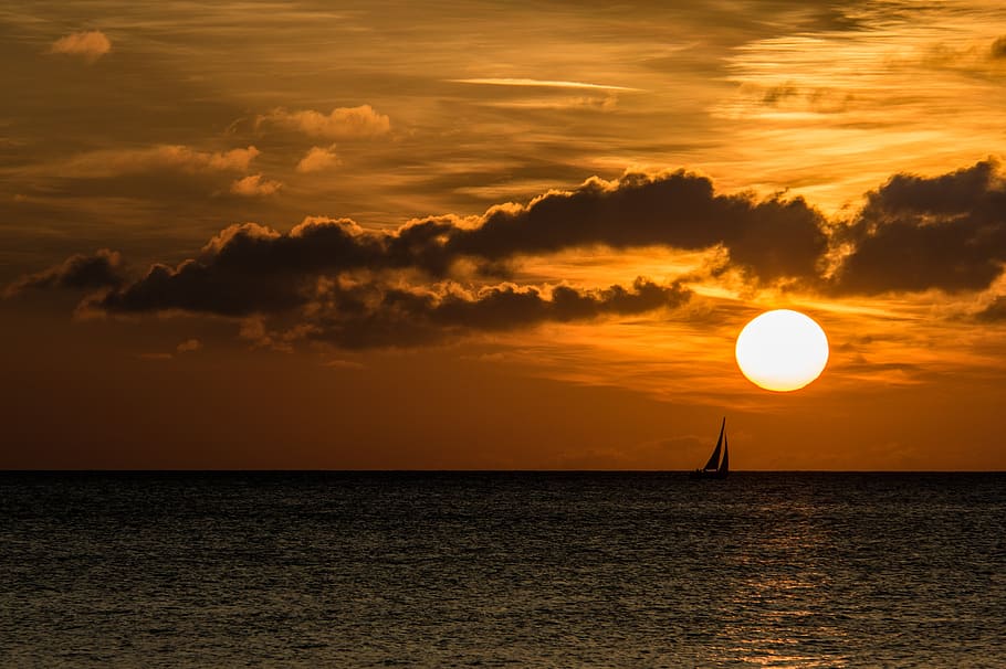 silhouette of sail boat on sea during dusk, sunset, clouds HD wallpaper