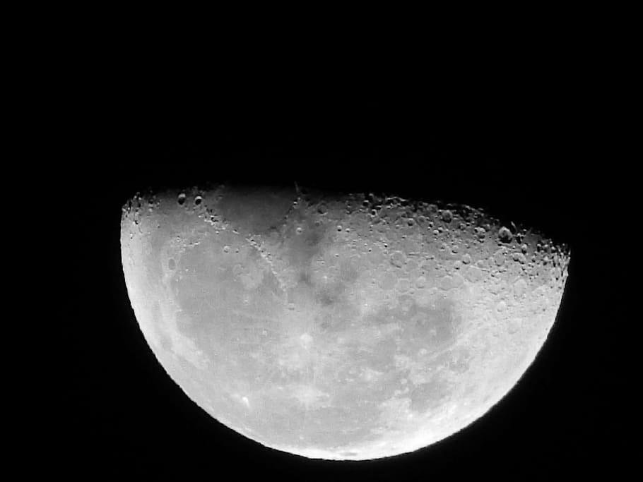 moon, night, crater, night sky, craters, at night, grey, half moon HD wallpaper