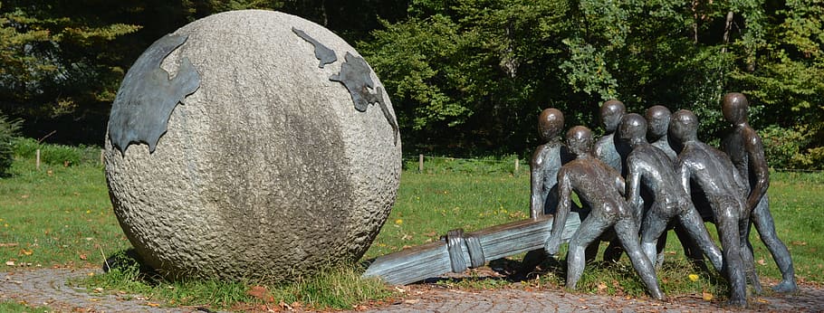 seven human statues, image, sculpture, children, globe, lyon HD wallpaper