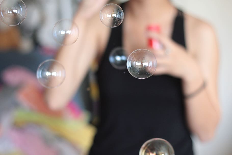 woman wearing black tank top with blowing bubbles, soap bubbles HD wallpaper