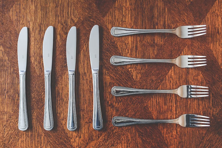 stainless steel fork and bread knife, cutlery, cutlers, knive HD wallpaper