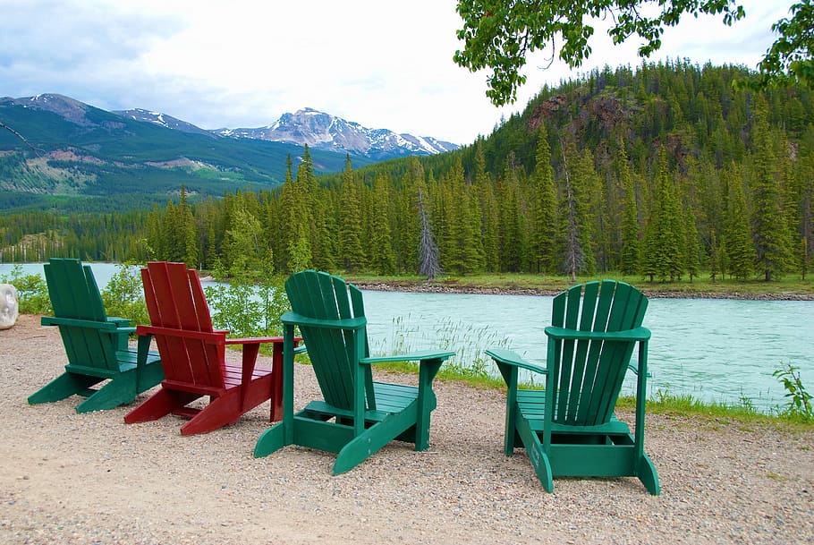 Canada, Banff, Forests, Lake, vacations, chair, nature, beach HD wallpaper