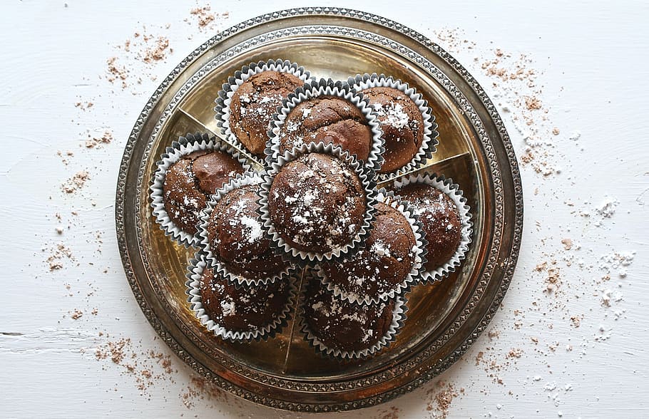 platter of cupcakes, chocolate, dark, dessert, food, sweet, frosting, HD wallpaper