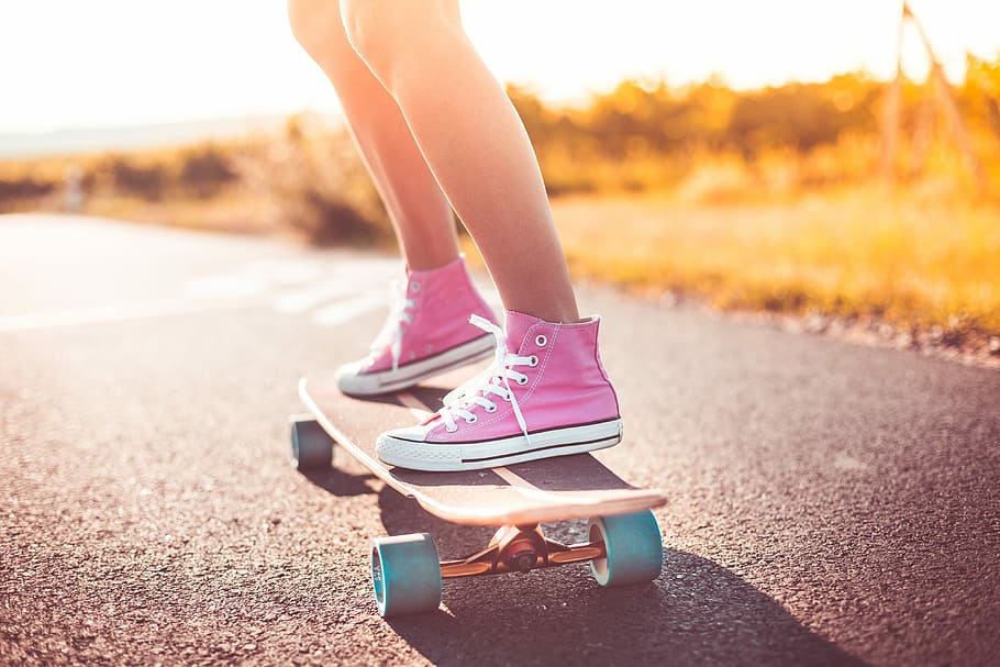 Young Girl with Pink Shoes Riding a Longboard, active, crazy