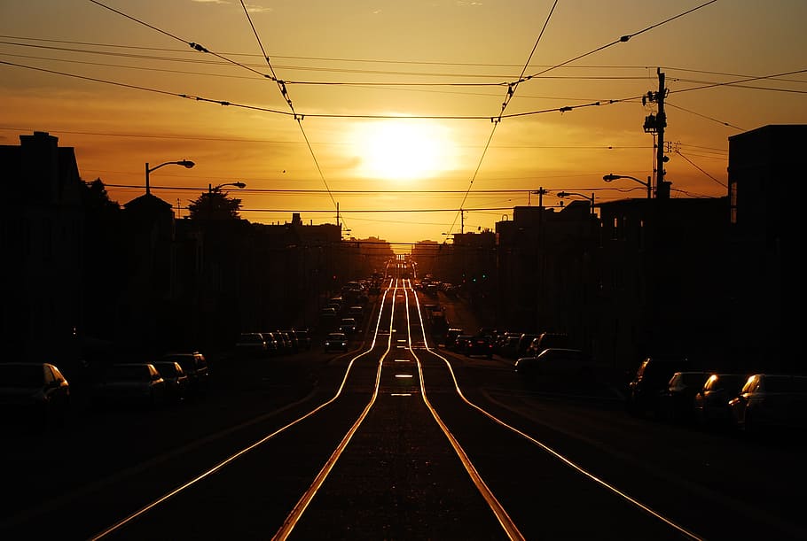 sunset, dusk, road, street, pavement, sky, city, track, railroad track HD wallpaper