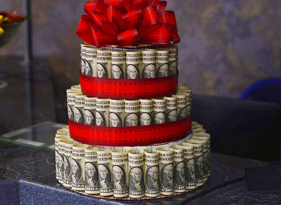 US dollar banknote cake on marble table, access, alarm clock, HD wallpaper