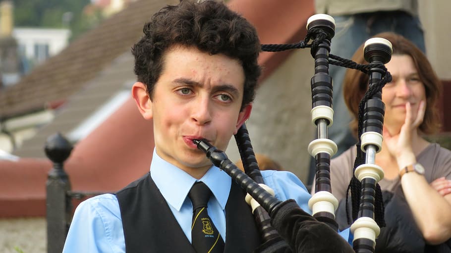 bagpipes, scotland, young people, music, portrait, headshot, HD wallpaper