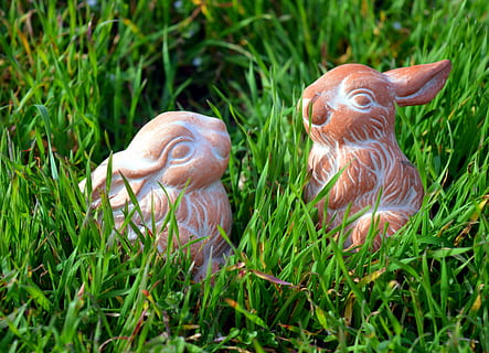 two brown rabbit figurines on grass, hare, easter bunny, cute HD wallpaper