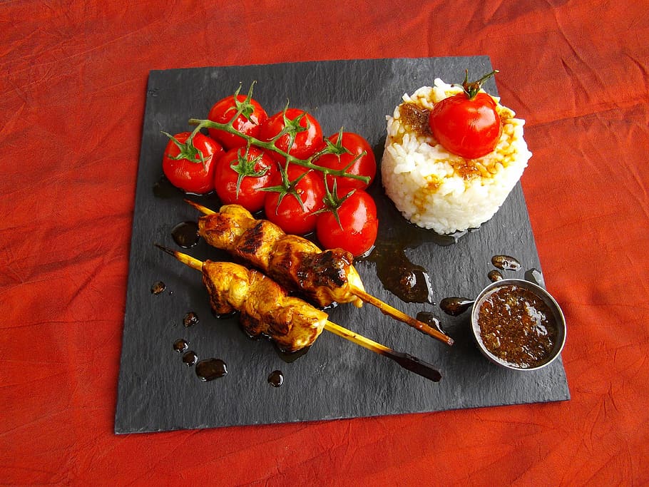 kitchen, tomato, chicken, rice, plate, food, red, gourmet, meal HD wallpaper