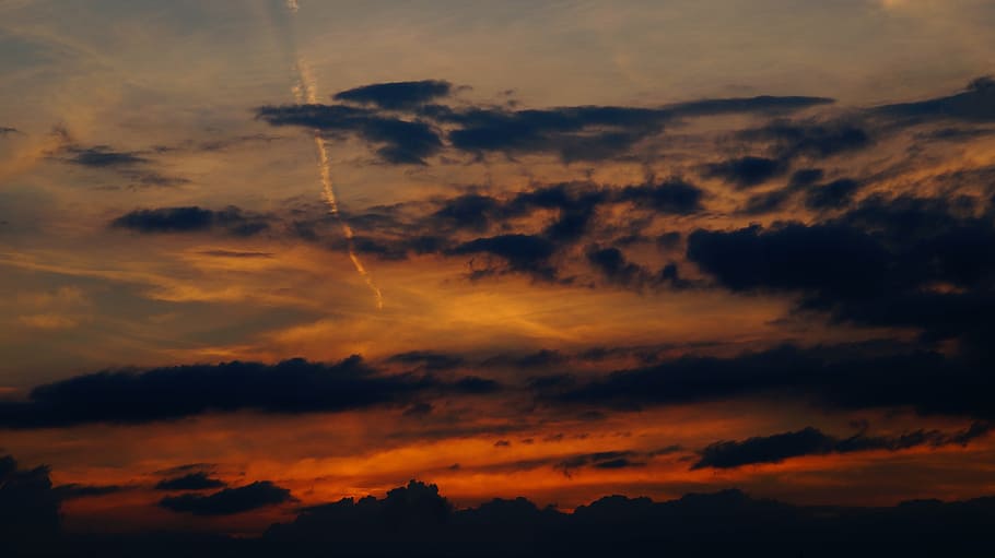 evening sky, clouds, contrail, sunset, afterglow, beauty in nature HD wallpaper
