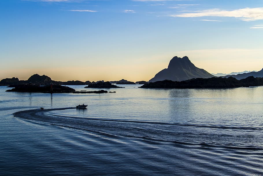 sea, evening, sunset, sky, norway, the mood, water, mountain HD wallpaper